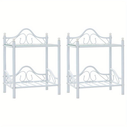 Nachtkastje – Nachtkastjes – Bedside Table – Bijzetkastje – Opbergkastje – Set Van 2 – Modern Wit Design – Stalen Frame Met Glas