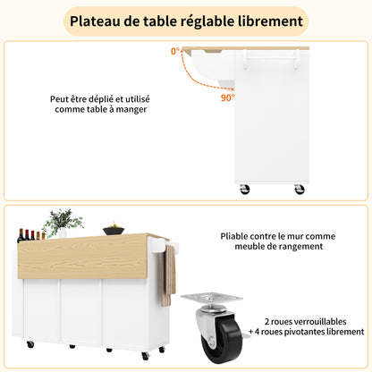 Keukenwagen – Keukentrolley – Keukenkar – Keukenmeubel – Desserte – Inklapbaar Werkblad – Schuifdeuren Met 3 Lades – Wit – 110x42x90 cm – Houtlook MDF 