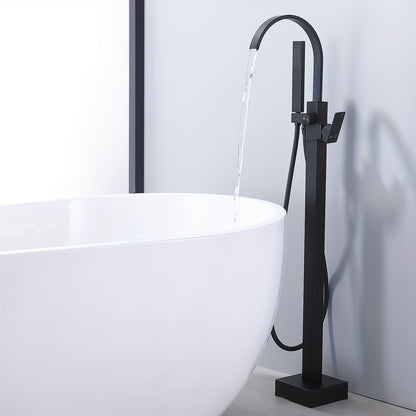 Modern Black Freestanding Bathtub Faucet with Brass Waterfall Spout & Hand Shower - 360° Swivel Spout, Floor-Mounted Design, Copper Valve Core, Easy Installation (No Batteries/Electrical Required), G3/8 Connections, Painted