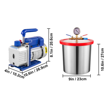 Vacuümpomp – Vacuümpompset – Vacuümpomp Kit – Vacuümsysteem – Vacuümkamer – 13 Liter RVS Kamer – 1/4 HP 3 CFM Motorvermogen