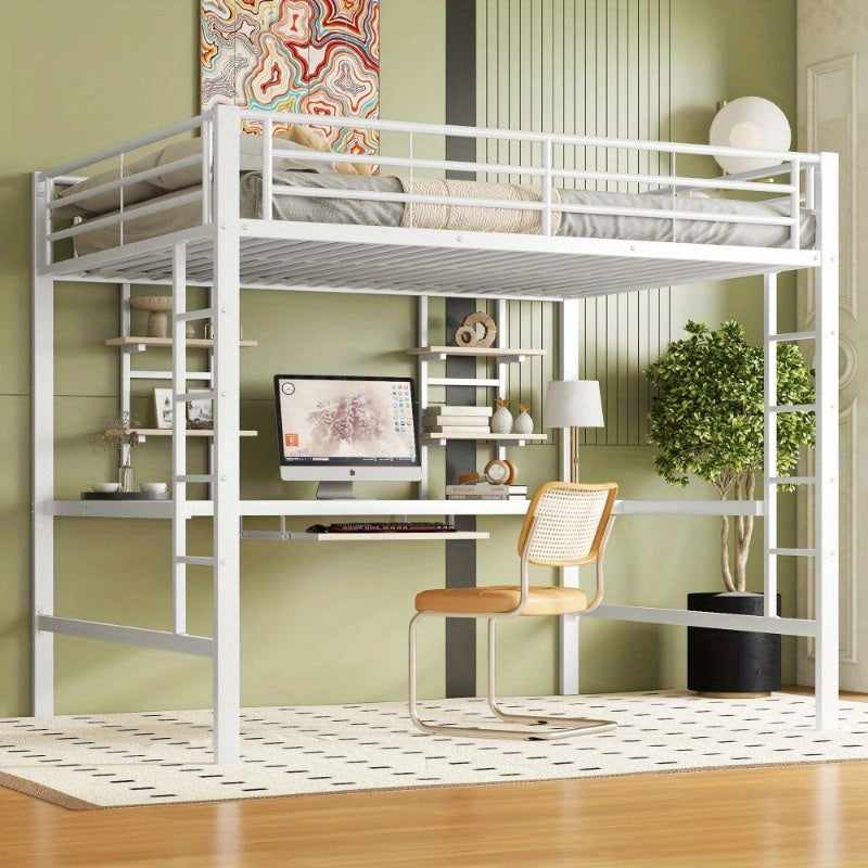 Hoogslaper – Stapelbed – Ligbed – Bed met Bureau – Bed met Planken – Stevig Metaalframe – Ruimtebesparend Ontwerp – 140x200 cm – Wit