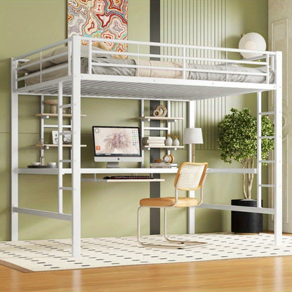 Hoogslaper – Stapelbed – Ligbed – Bed met Bureau – Bed met Planken – Stevig Metaalframe – Ruimtebesparend Ontwerp – 140x200 cm – Wit