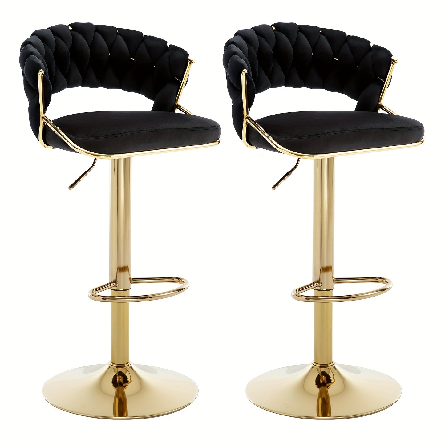 Barstoel – Barkruk – Barkrukken – Barstoel Set – Barkrukken Set – Verstelbaar – Velvet Bekleding Met Gevlochten Open Rug – Gouden Metalen Onderstel