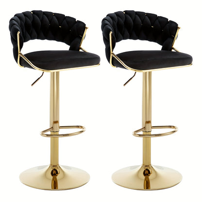 Barstoel – Barkruk – Barkrukken – Barstoel Set – Barkrukken Set – Verstelbaar – Velvet Bekleding Met Gevlochten Open Rug – Gouden Metalen Onderstel
