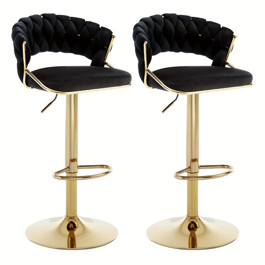 Barstoel – Barkruk – Barkrukken – Barstoel Set – Barkrukken Set – Verstelbaar – Velvet Bekleding Met Gevlochten Open Rug – Gouden Metalen Onderstel