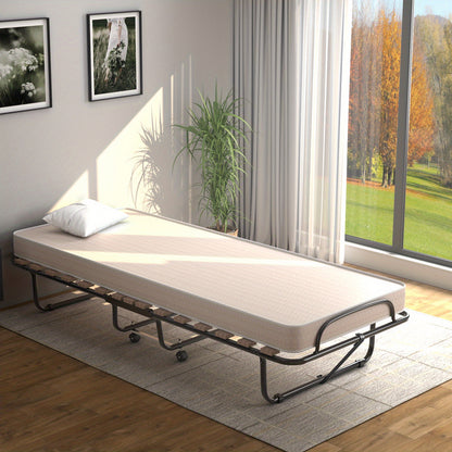 Vouwbed – Opklapbed – Logeerbed – Campingbed – Trolleybed – 80x190cm – Stalen Frame Zwart – 360° Wielen – 199,58KG Draagvermogen – Inclusief Beige Matras