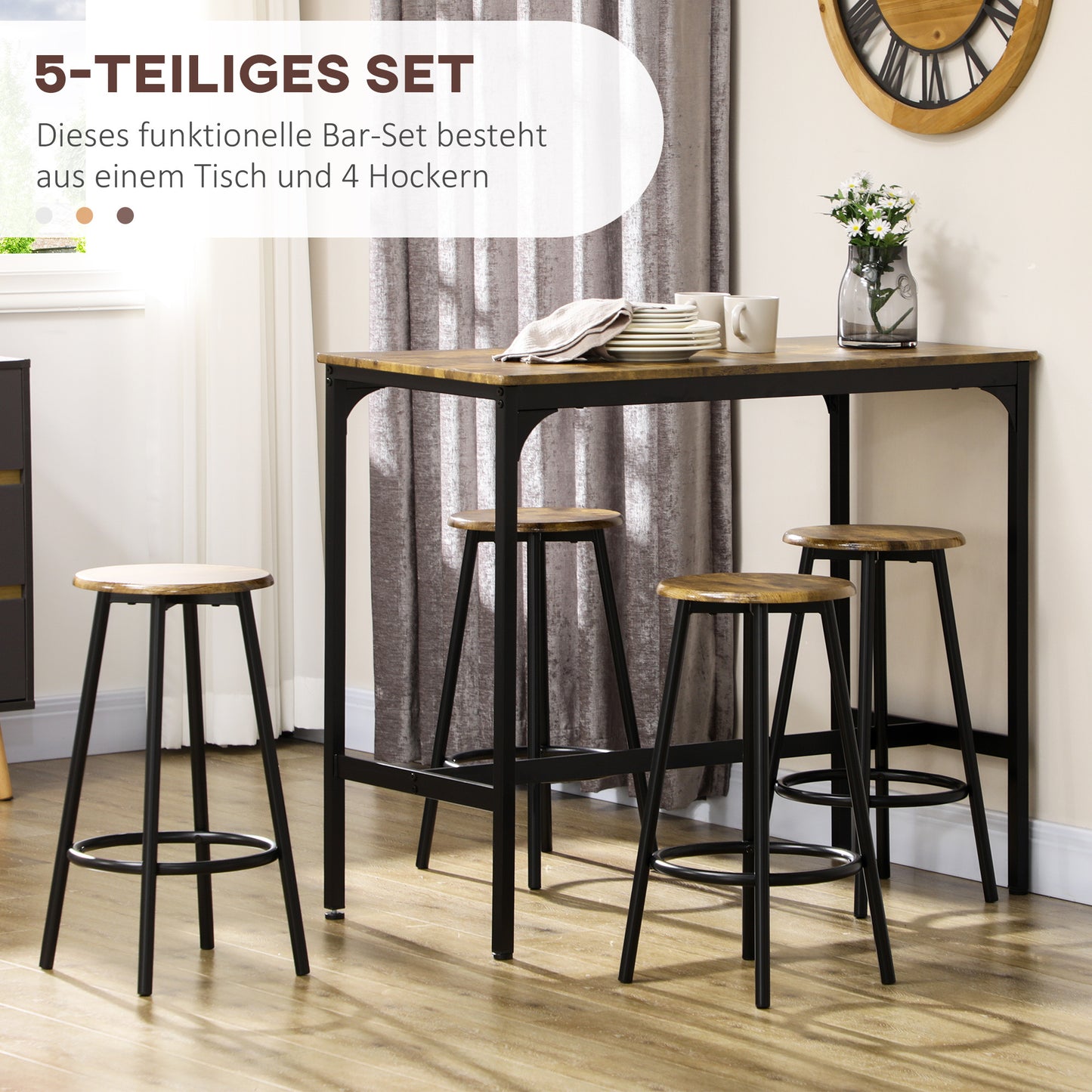 5-delige Bartafelset – Bartafel Met Barkrukken – Barset – Keukentafel Set – Industrieel Design – Compact Ruimtebesparend – Metaal Met Houten Look Rustiek Bruin