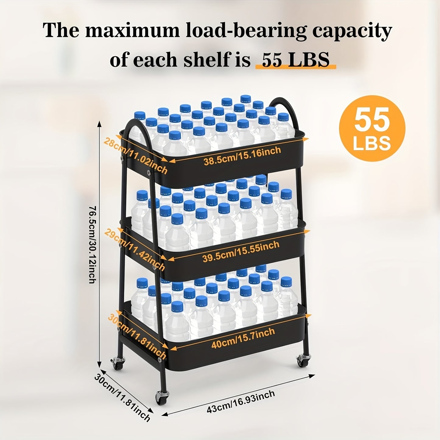 Keukentrolley – Opbergtrolley – Serveerwagen – Keukenwagen – Trolley op Wieltjes – Metaal – Compact 43x30x76,5 cm – 3 Ruime Mandjes – 360° Zwenkwieltjes