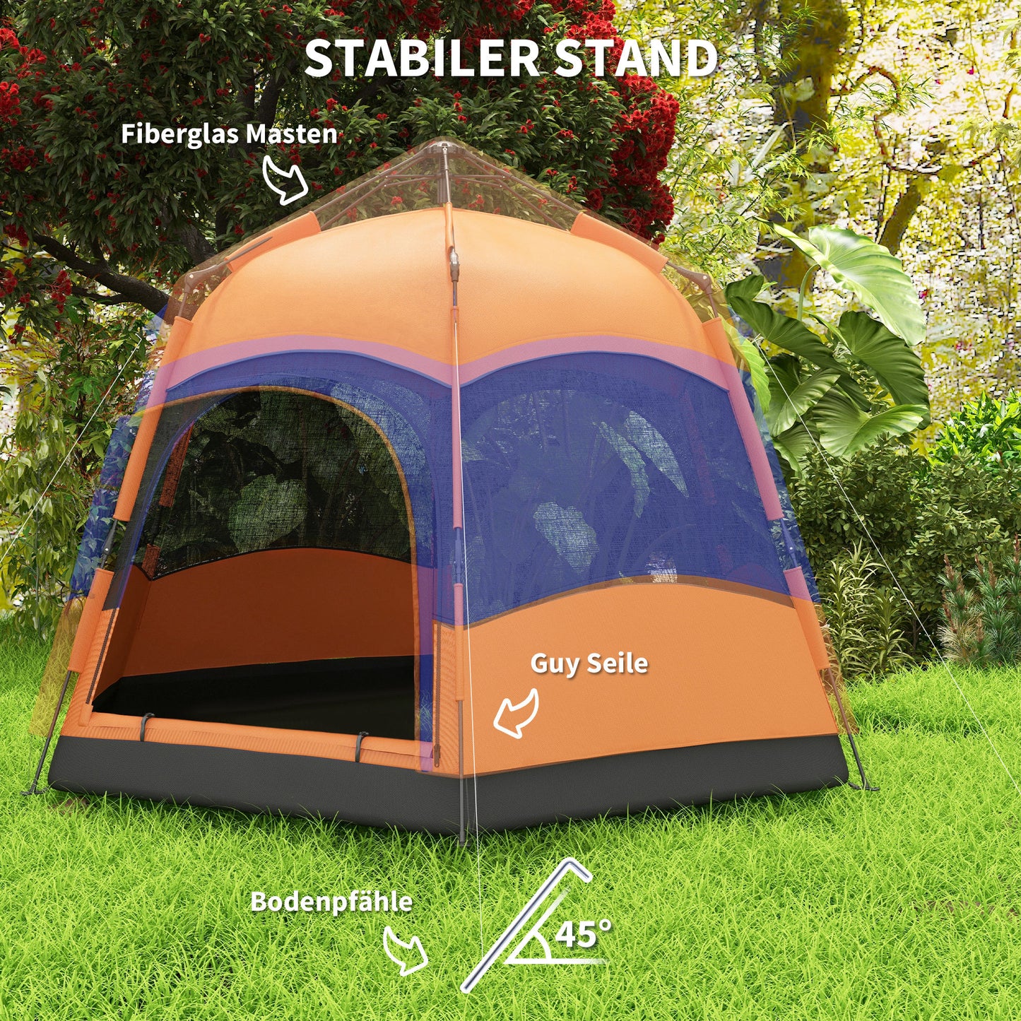 Tent – Kampeertent – Pop-up Tent – Familietent – Outdoor Tent – Snel Opzetbaar – Waterafstotend Polyester – Inklapbaar – 4-6 Personen – Met Muskietennet – Inclusief Draagtas – Oranje Blauw – 275x275x170 cm