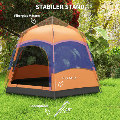 Tent – Kampeertent – Pop-up Tent – Familietent – Outdoor Tent – Snel Opzetbaar – Waterafstotend Polyester – Inklapbaar – 4-6 Personen – Met Muskietennet – Inclusief Draagtas – Oranje Blauw – 275x275x170 cm
