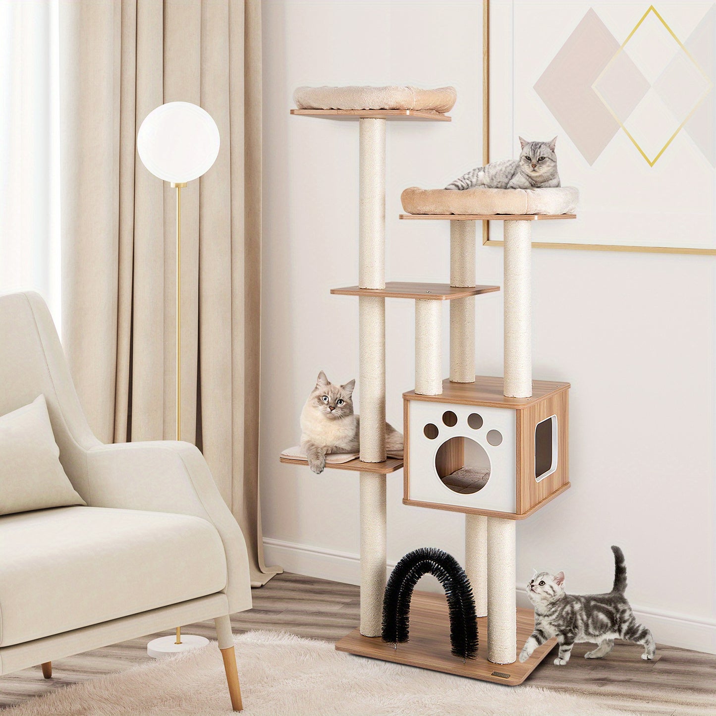 Krabpaal – Kattenkrabpaal – Kattenboom – Kattenhuis – Kattenmeubel – 6 Niveaus – Beige Houten Krabpaal Met Condo