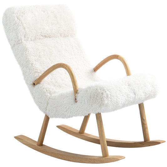 Schommelstoel – Relaxstoel – Rocking Chair – Lounge Stoel – Schommelstoel Wit – Zachte Fleece Bekleding – Stevig Houten Frame – Verstelbare Hoofdsteun – Max 120 kg