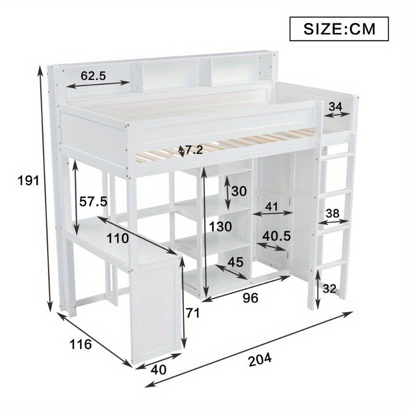 Hoogslaper – Stapelbed – Eenpersoonsbed – Kinderbed – Bed Met Bureau – Wit – 90x200 cm – Met Kledingkast En Opbergruimte