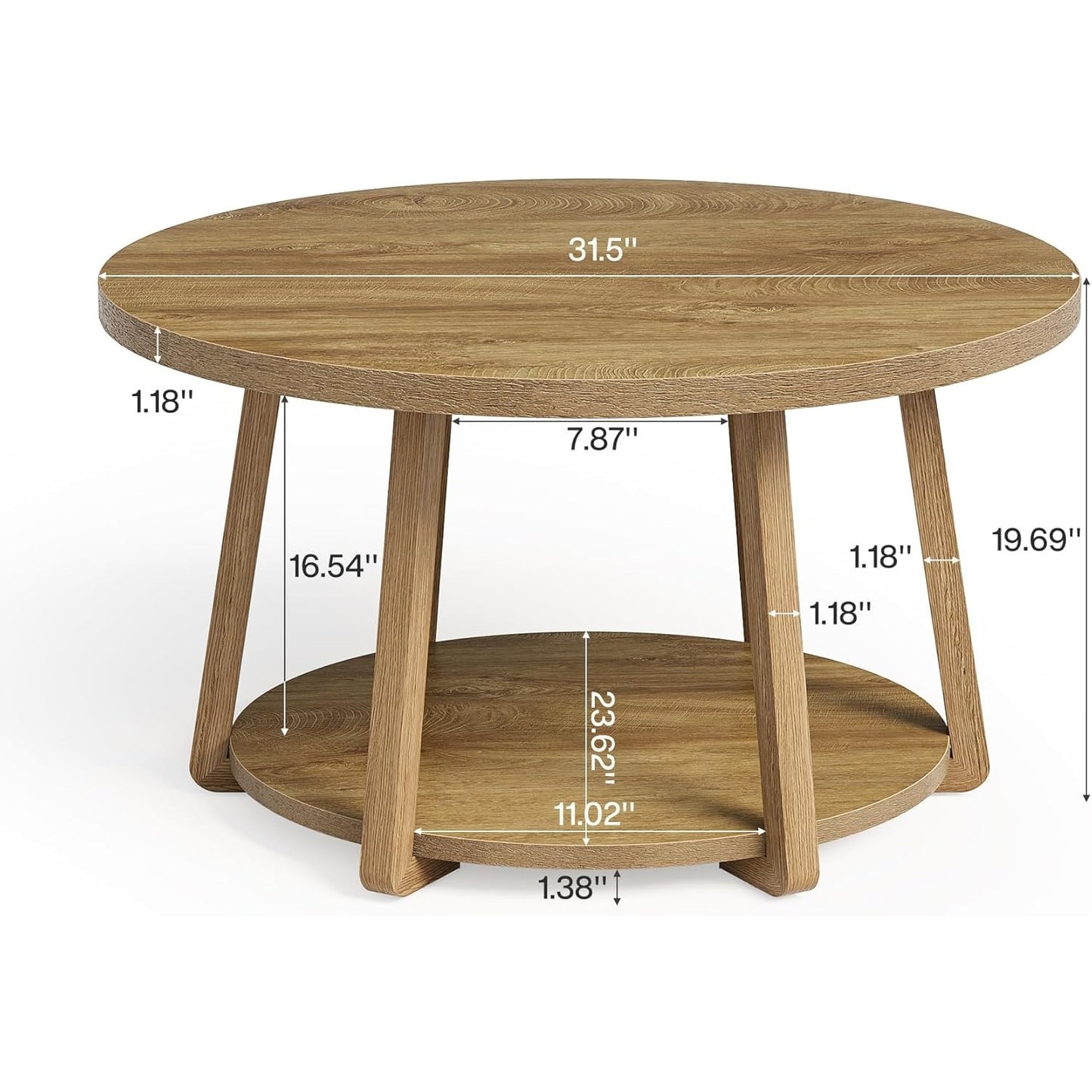 Modern Round Coffee Table with Storage Shelf - 31.5” Round (80cm) White Engineered Wood Top & Lower Shelf, Space-Saving MDF Base, Easy Assembly, Rounded Edges, 80 Weight Capacity - Contemporary Center Table for Living Room,