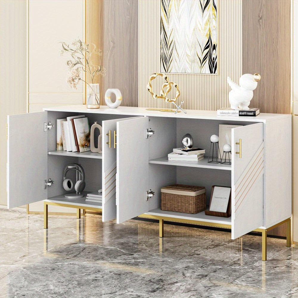 4-Deurs Kast – Dressoir – Sideboard – Opbergkast – Woonkamerkast – Wit Met Gouden Details – Verstelbare Legplanken – Ruime Opbergruimte