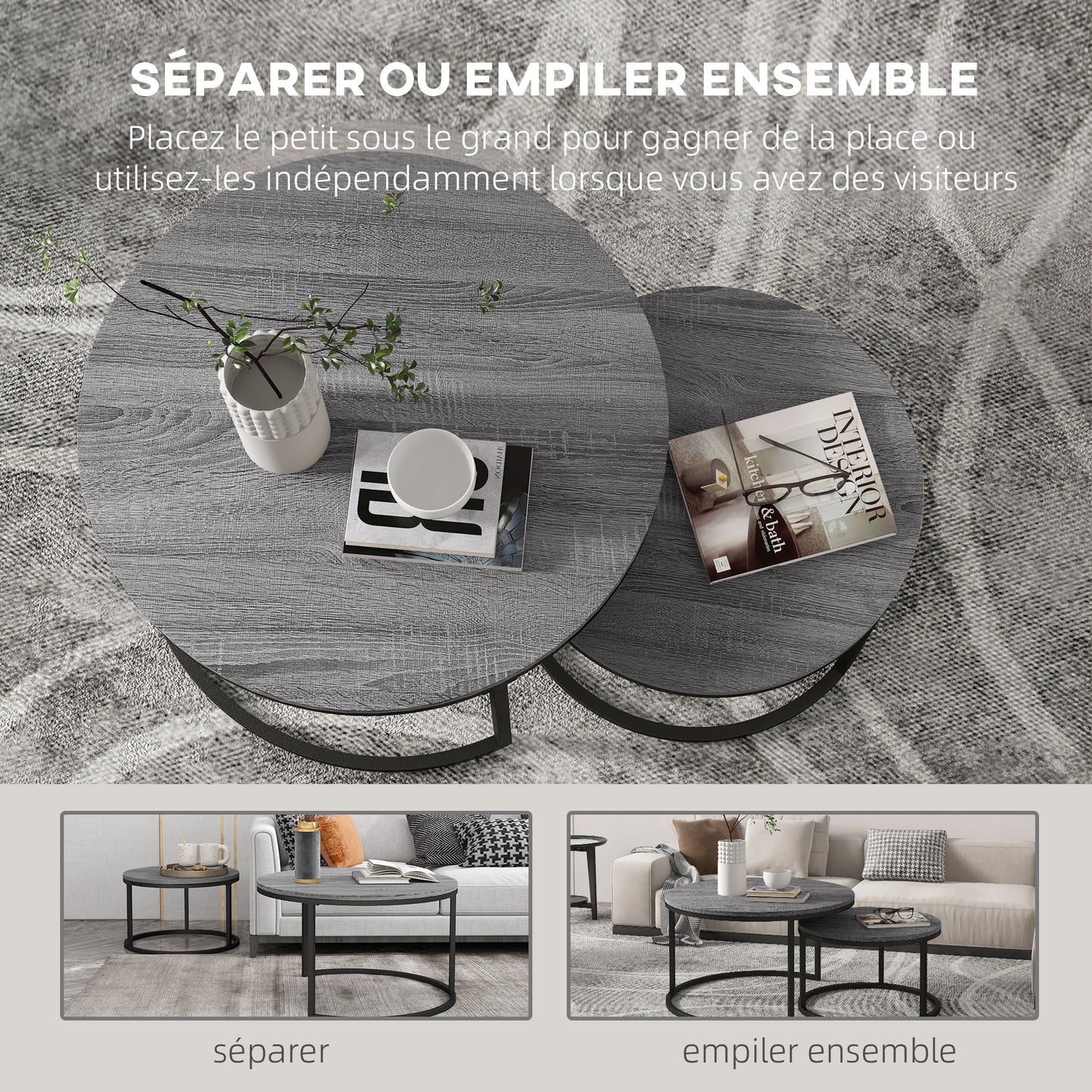 Set Van 2 Bijzettafels – Ronde Salontafel – Nestbare Tafels – Zwarte Tafel – Industrieel Design – Metaal Frame – Compact En Stevig