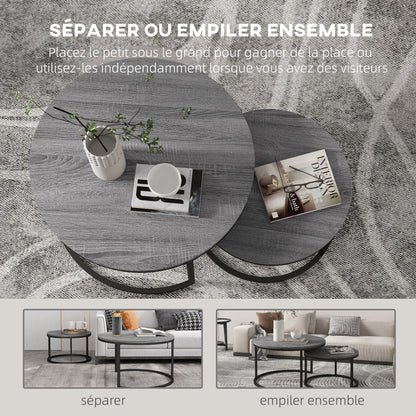 Set Van 2 Bijzettafels – Ronde Salontafel – Nestbare Tafels – Zwarte Tafel – Industrieel Design – Metaal Frame – Compact En Stevig