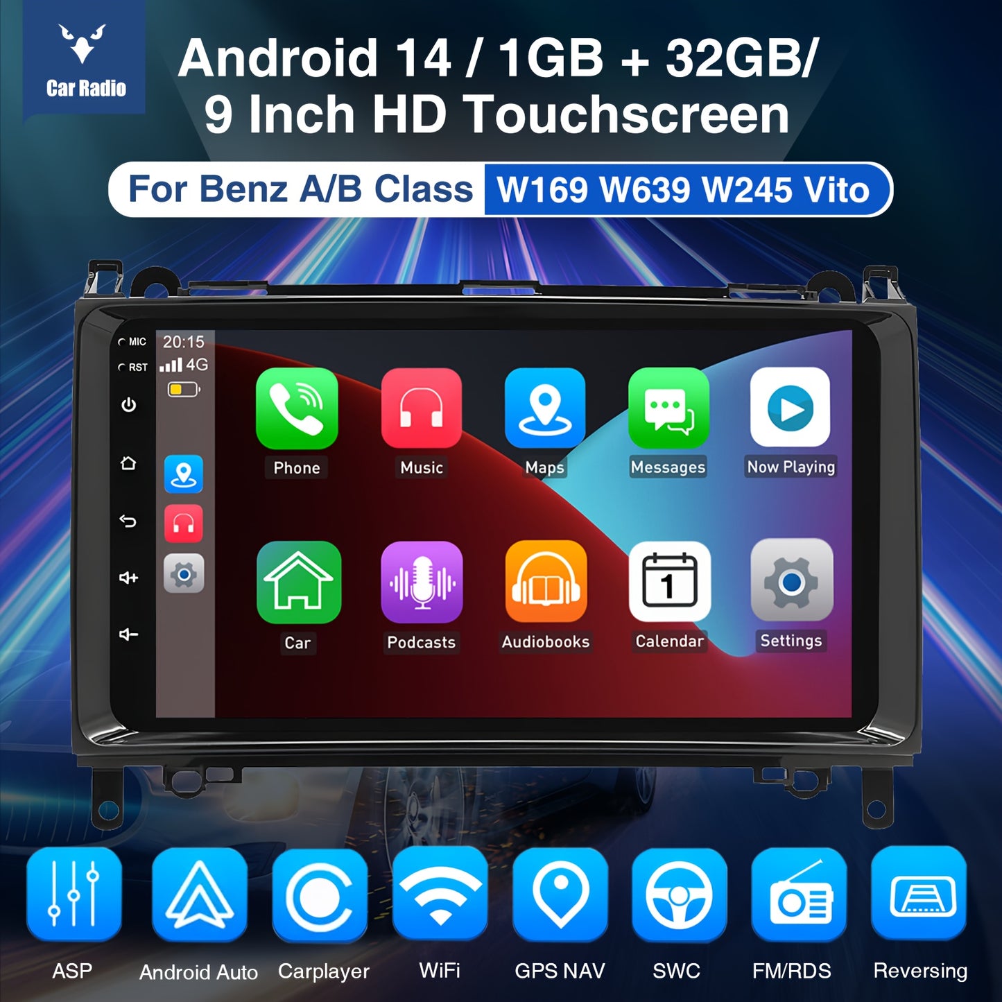 Autoradio Android – Car Stereo – Multimedia Speler – Autosysteem – Touchscreen – 9 Inch IPS Scherm – Android 14.0 – Draadloze CarPlay & Android Auto Met AHD Camera