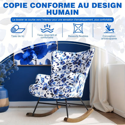 Schommelstoel – Schommelstoel Buiten – Tuinstoel – Loungestoel – Relaxstoel – Blauwe Bloemenprint – Met Stevig Metalen Frame – Houten Schommelbasis Met Comfortabel Kussen