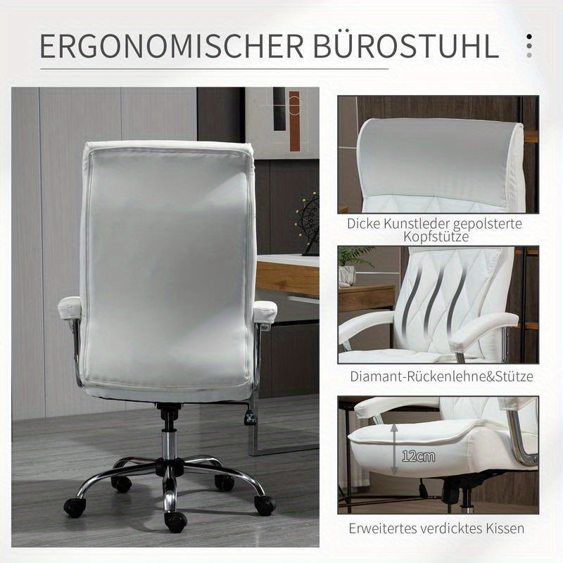 Bureaustoel – Ergonomische Stoel – Kantoormeubilair – Bureaustoel Met Wielen – Draaistoel – Verstelbare Zithoogte – Kantelfunctie – Witte Kunstleren Bekleding – Stevige Vijfwielbasis