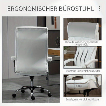 Bureaustoel – Ergonomische Stoel – Kantoormeubilair – Bureaustoel Met Wielen – Draaistoel – Verstelbare Zithoogte – Kantelfunctie – Witte Kunstleren Bekleding – Stevige Vijfwielbasis
