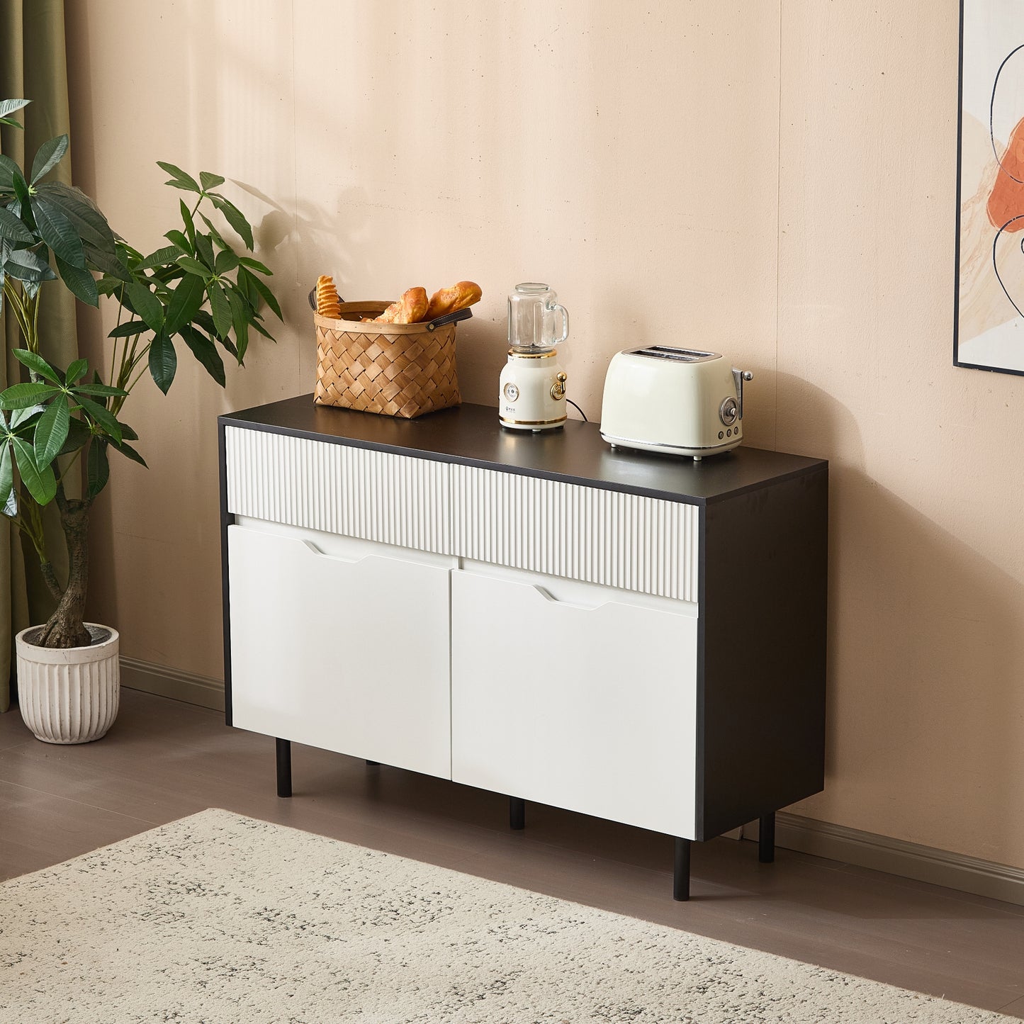 BTM Storage Cabinet 120cm with Ribbed Drawers, Black and White Design, Adjustable Shelves, 2 Doors, Sideboard Buffet, Cabinet Organizer for Kitchen, Living Room, Dining Room
