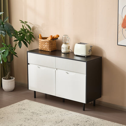 BTM Storage Cabinet 120cm with Ribbed Drawers, Black and White Design, Adjustable Shelves, 2 Doors, Sideboard Buffet, Cabinet Organizer for Kitchen, Living Room, Dining Room