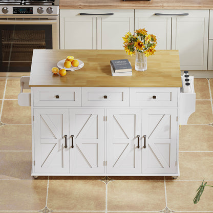 Large Mobile Kitchen Island with Fold-Down Worktop - Heavy-Duty Metal Construction, Lockable Casters, Barn-Style White Finish, 4 Doors, 3 Drawers, Double-Sided Towel Rails & Door Racks - Space-Saving Storage Cabinet for Kitch