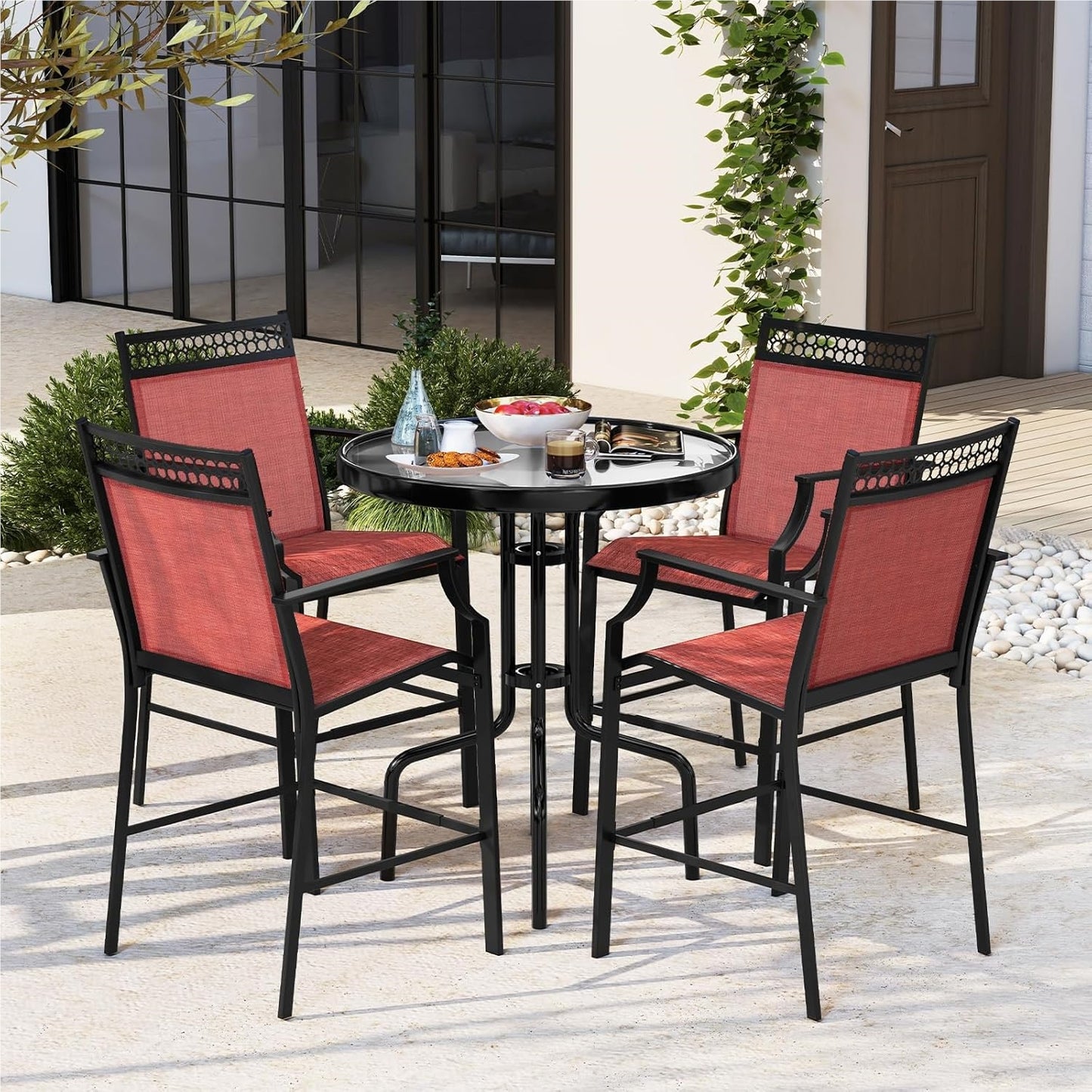 Tuinstoelen – Terrasstoelen – Balkonstoelen – Hoge Stoelen – Ligstoelen – Metalen Frame – Sneldrogende Ademend Zitting – Max. 180 kg Belastbaar – Rood