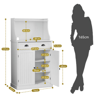 Grote Opbergkast – Keukenkast – Dressoir – Kast Met Laden – Witte Kast Met Dubbele Deuren – Verstelbare Planken – Magnetronstandaard – Antikantel Beveiliging – Stevig MDF Met Metaal En Massief Hout