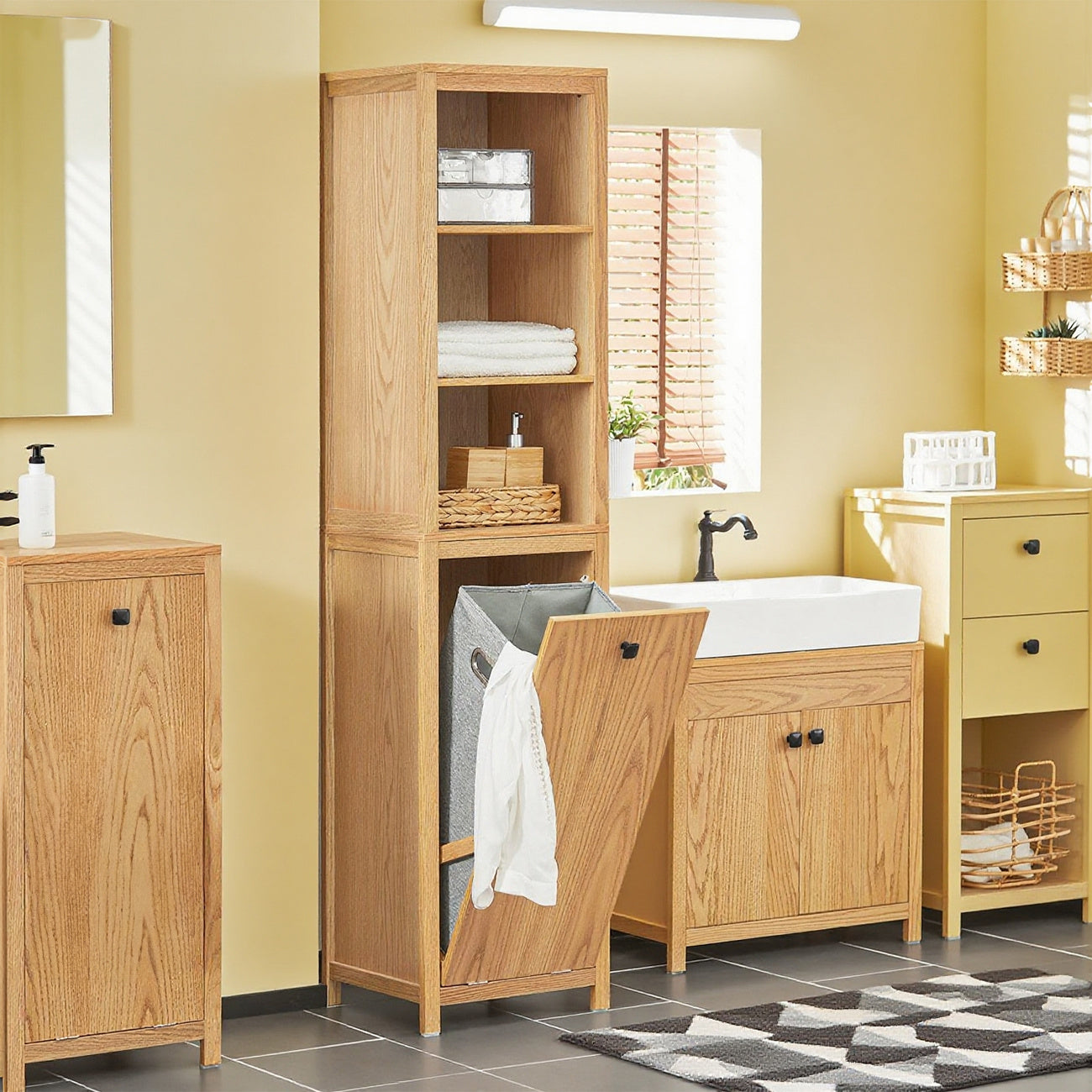 Badkamerkast – Badkamermeubel – Kolomkast – Opbergkast – Wastafelonderkast – Hoog – Met Wasmand en 3 Legplanken – MDF & Spaanplaat – 172x40x35 cm