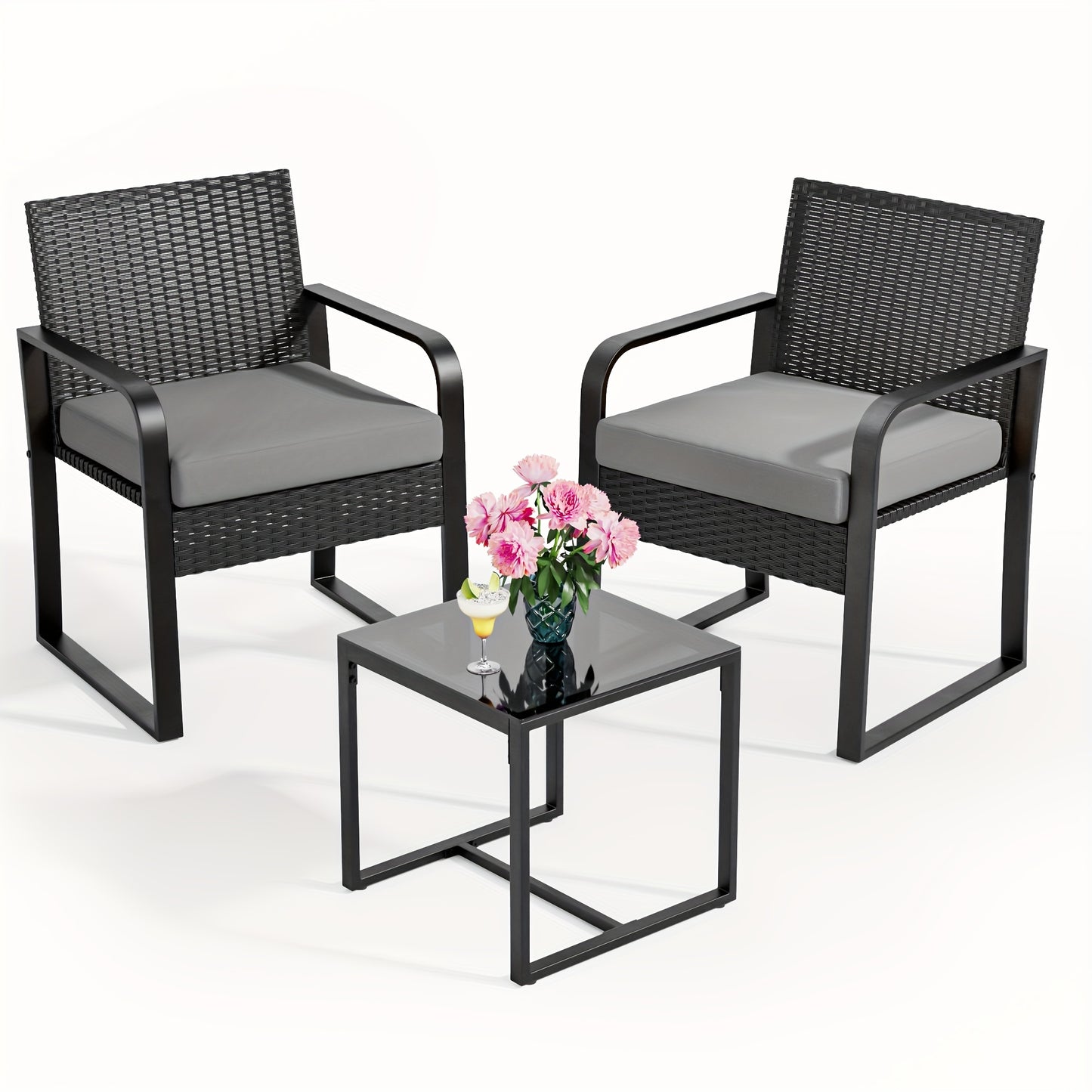 Tuinset – Balkonset – Bistroset – Loungeset – Polyriet – 3-delig – Weerbestendig Rattan – Glazen Tafelblad