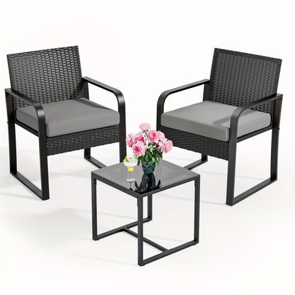 Tuinset – Balkonset – Bistroset – Loungeset – Polyriet – 3-delig – Weerbestendig Rattan – Glazen Tafelblad