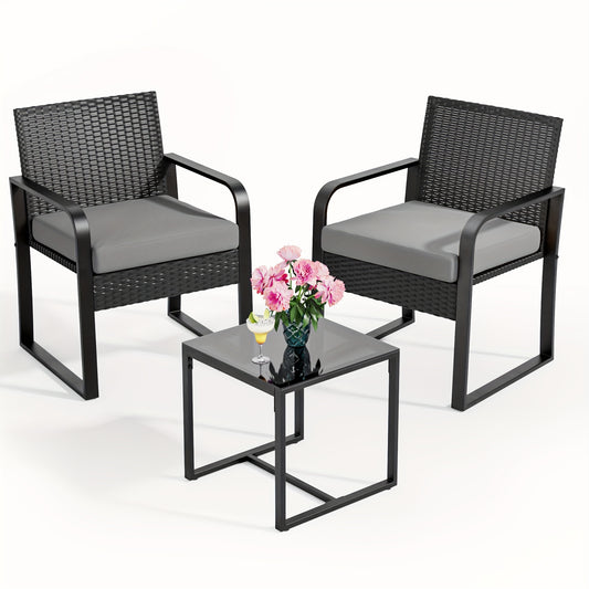 Tuinset – Balkonset – Bistroset – Loungeset – Polyriet – 3-delig – Weerbestendig Rattan – Glazen Tafelblad
