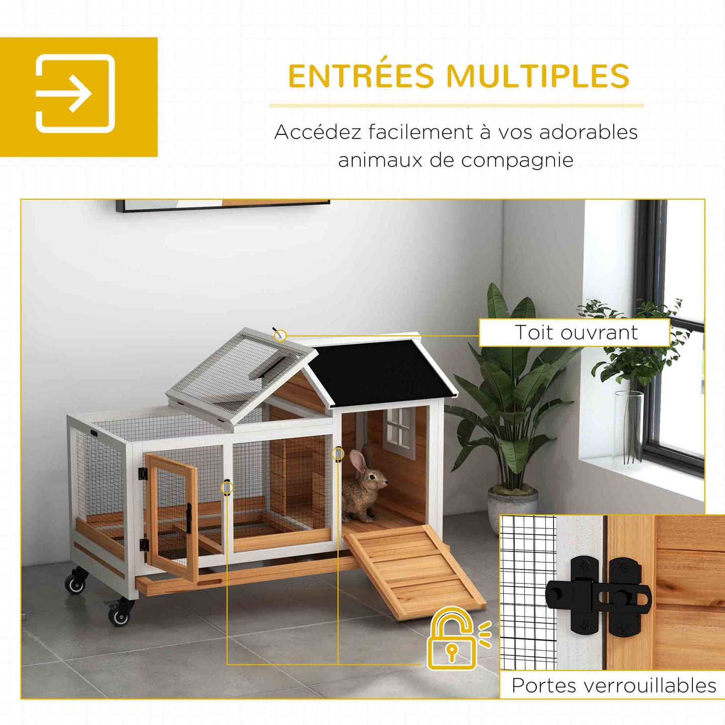 Konijnenren – Houten Ren – Konijnenkooi – Buitenren – Dierenhok – Geel – Met Wieltjes – Twee Afsluitbare Deuren – Uitneembare Zinklade – 108x58x73,5 cm