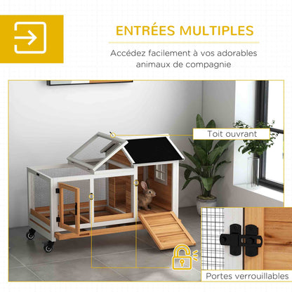Konijnenren – Houten Ren – Konijnenkooi – Buitenren – Dierenhok – Geel – Met Wieltjes – Twee Afsluitbare Deuren – Uitneembare Zinklade – 108x58x73,5 cm