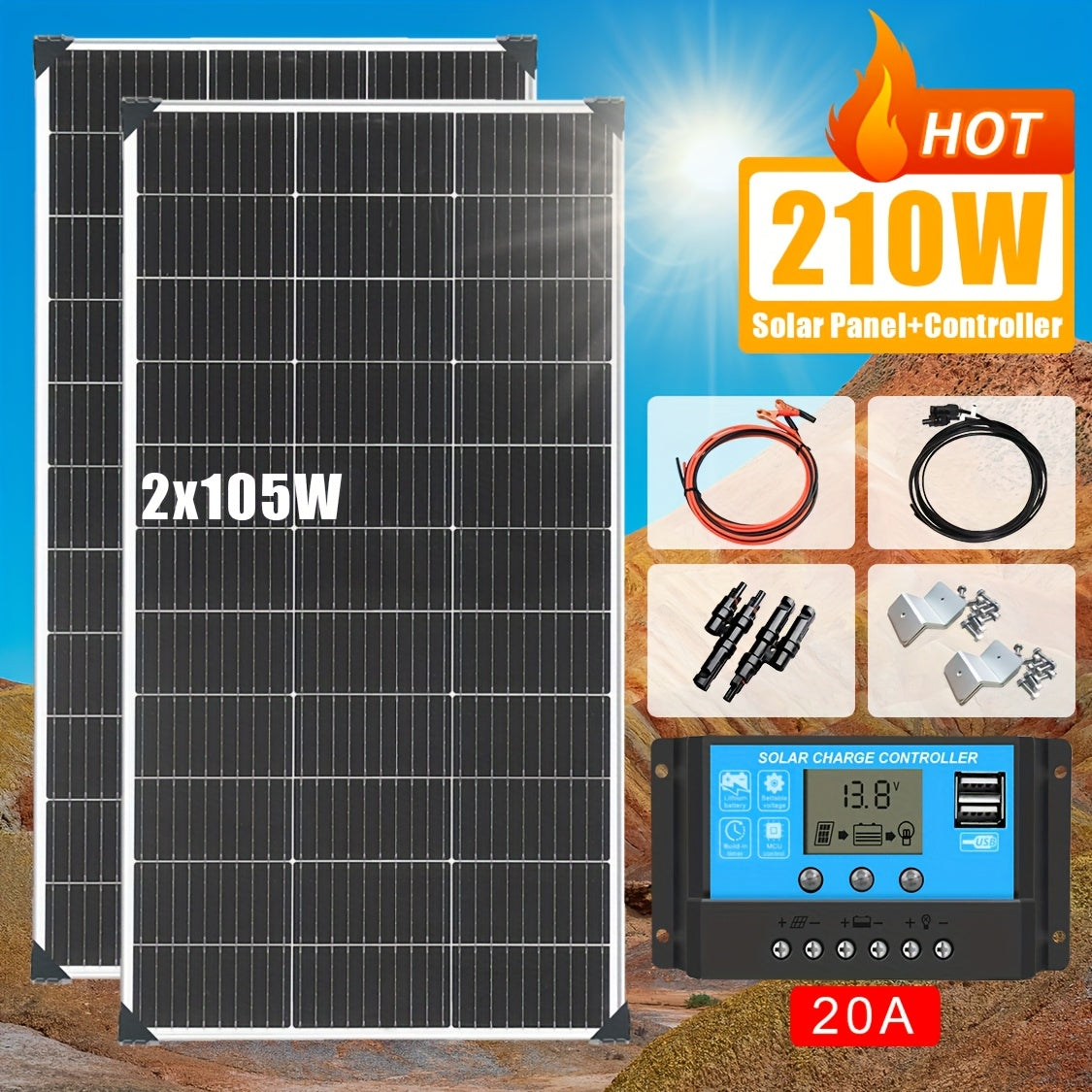Zonnepaneel Kit – Zonnepanelen Set – Zonne-energie Systeem – Zonnepaneel Pakket – Solar Laadkit – 210W Hoog Rendement – Monokristallijn 2x105W Met 20A PWM Controller