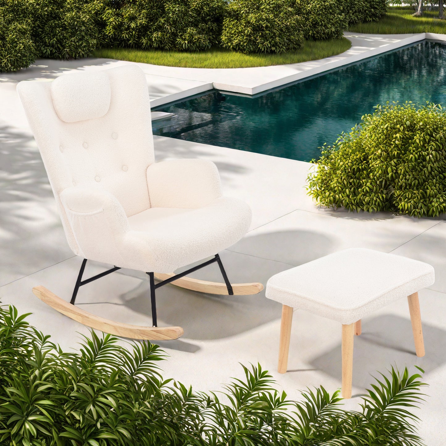 Fauteuil – Schommelstoel – Relaxstoel – Loungefauteuil – Leesfauteuil – Met Voetenbank – Zijzakken – Ergonomisch Design – Massief Hout – Wit