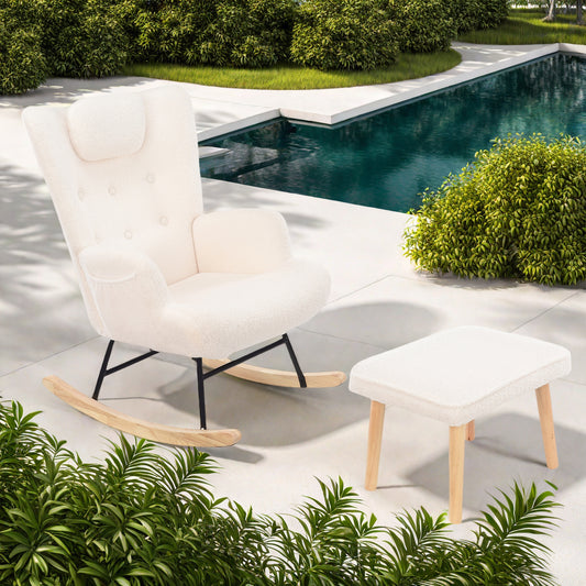 Fauteuil – Schommelstoel – Relaxstoel – Loungefauteuil – Leesfauteuil – Met Voetenbank – Zijzakken – Ergonomisch Design – Massief Hout – Wit
