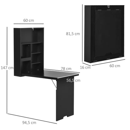Opklapbare Wandtafel – Vouwbureau – Muurtafel – Inklapbare Werkplek – Slimme Opbergruimte – Ruimtebesparend – Robuust MDF Zwart 60x94,5x147 cm