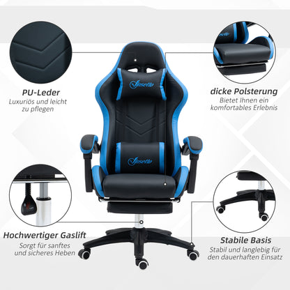 Gamingstoel – Gamestoel – Gaming Chair – Bureaustoel – Computerstoel – Verstelbare Rugleuning 135° – Inclusief Voetensteun Kunstleer Zwart/Blauw