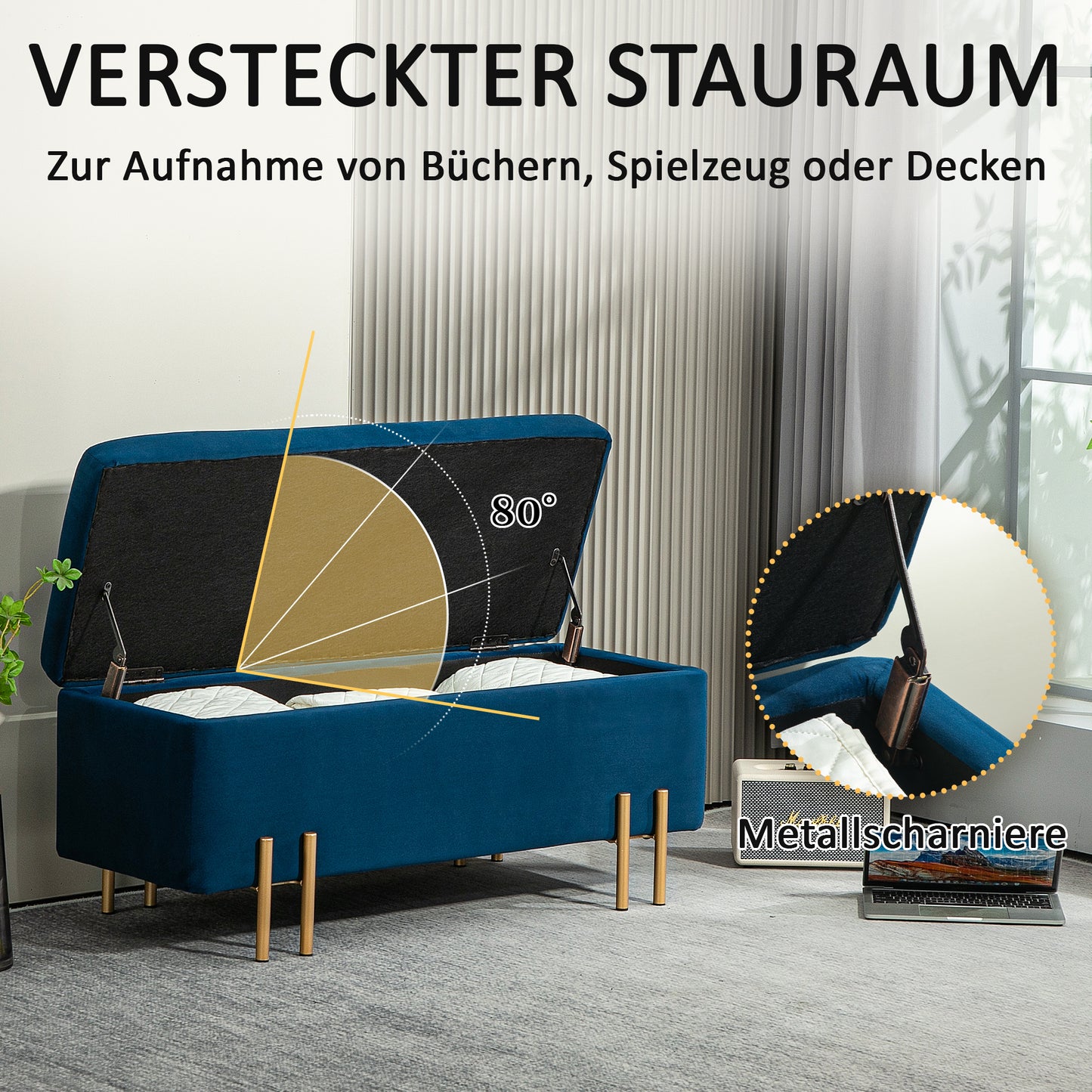 Opbergbank – Zitbank – Opbergkist – Opbergbox – Halbank – Stoffen Bekleding – Opbergruimte 100x40x42 cm – Rubberhout Frame – Metalen Poten