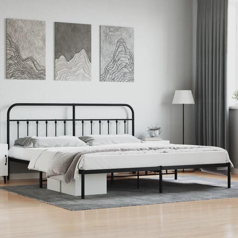 Modern Black Metal Bed Frame with Headboard, 193x203cm, Powder-Coated Steel for Strength & Stability, Minimalist Design for Contemporary Bedrooms