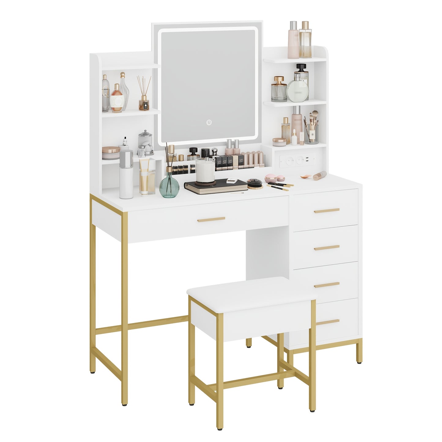 Make-up Tafel – Toilettafel – Kaptafel – Beauty Tafel – Visagie Tafel – Wit – Verstelbare Touchscreen LED Verlichting – 5 Lades Met USB- en Stopcontacten