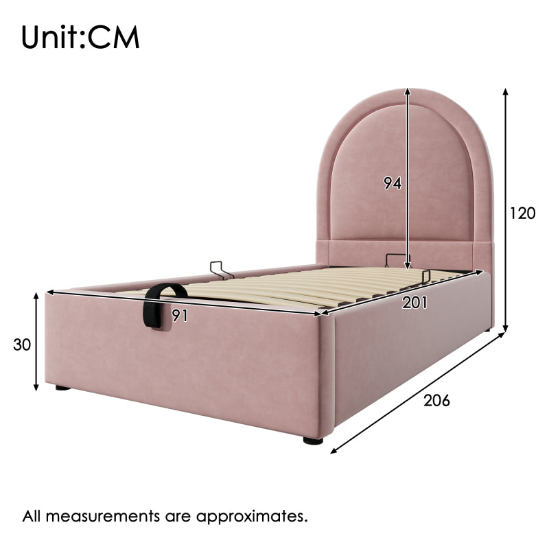 Eenpersoonsbed – Eenpersoonsbedframe – Kinderbed – Jeugdbed – Logeerbed – Vintage Fluwelen Gestoffeerd – Opbergruimte – 90x200 cm – Zonder Matras – Pastelroze – Eenvoudige Montage