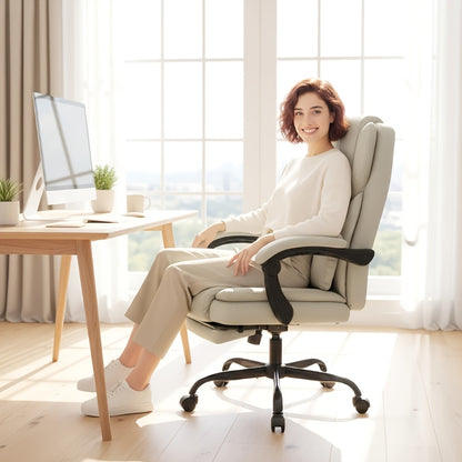 Beige Ergonomic Office Chair with Wheels, Serving As A Rolling Desk Chair And Gaming Chair with Footrest, Armrests, Adjustable Headrest, Lumbar Support And Height Adjustment, Filled with Memory Foam And Featuring Swivel Funct