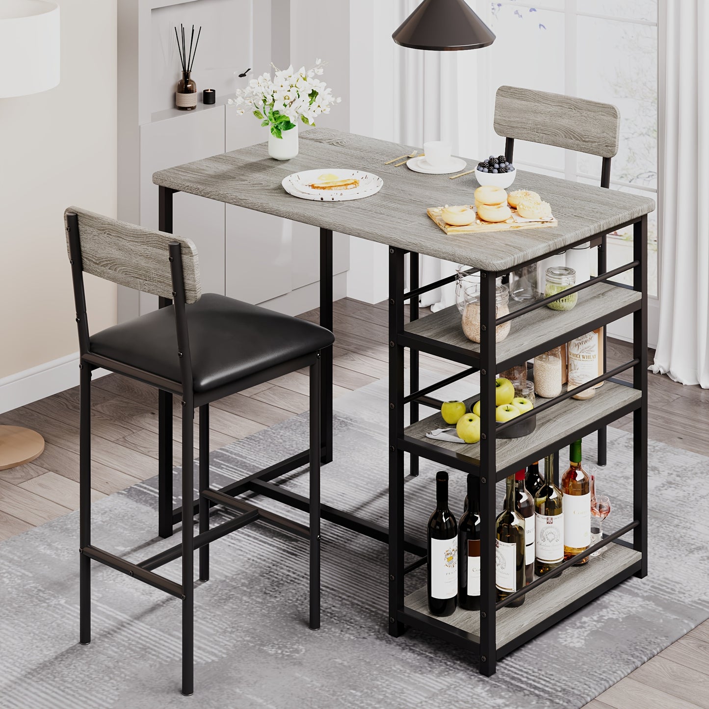 Eettafelset – Keukentafelset – Eetkamerset – Tafeltje Met Stoelen – Barkrukken – Compact Design – Gestoffeerde Barkrukken – Metaal En MDF – Rustiek Grijs