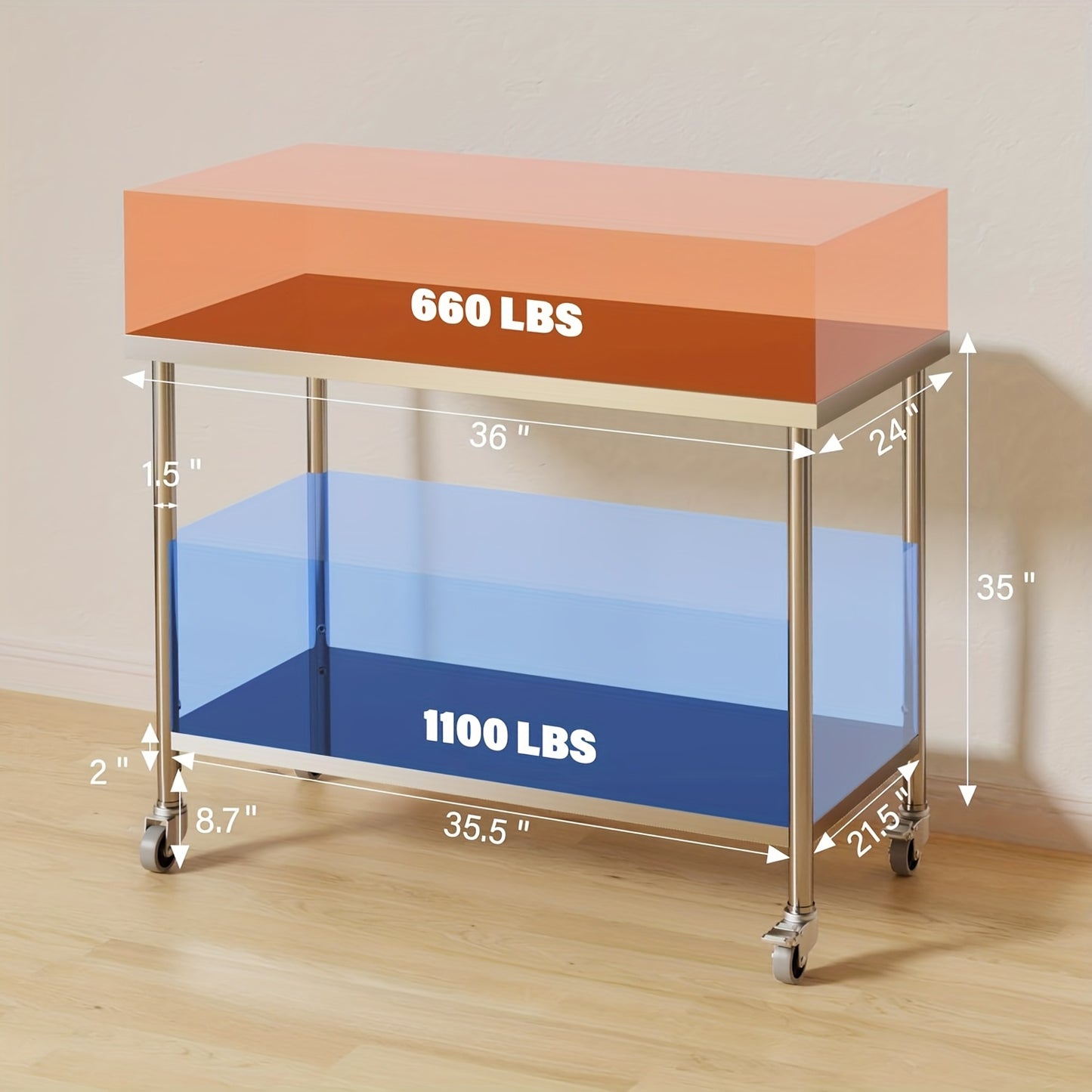 Roestvrijstalen Werktafel – Werkbank – Werktafel Met Wieltjes – Werkbank Met Opbergruimte – Hygiënische Tafel – 91,44x60,96 cm – 1100 kg Belastbaar – Verstelbaar Onderblad Met Zwenkwielen