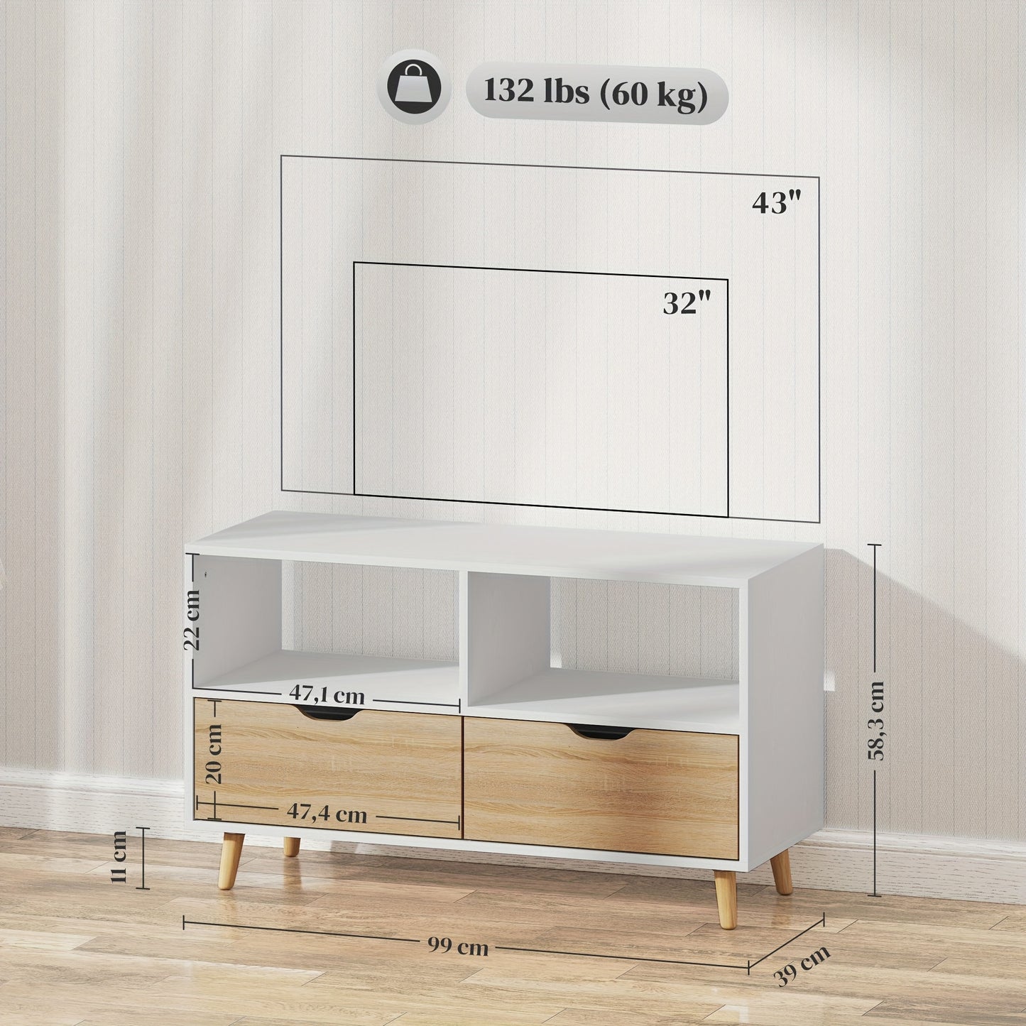 TV-meubel – Tv-kast – Tv-wand – TV-dressoir – Tv-console – Laag model 99 cm – Duurzaam materiaal – Fris wit design