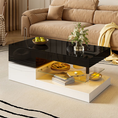 Salontafel – Koffietafel – Bijzettafel – Woonkamertafel – Tafeltje – Zwart-Wit Modern – Glasplanken – Hoogglans Metaal – Stevig & Duurzaam – Extra Opbergruimte